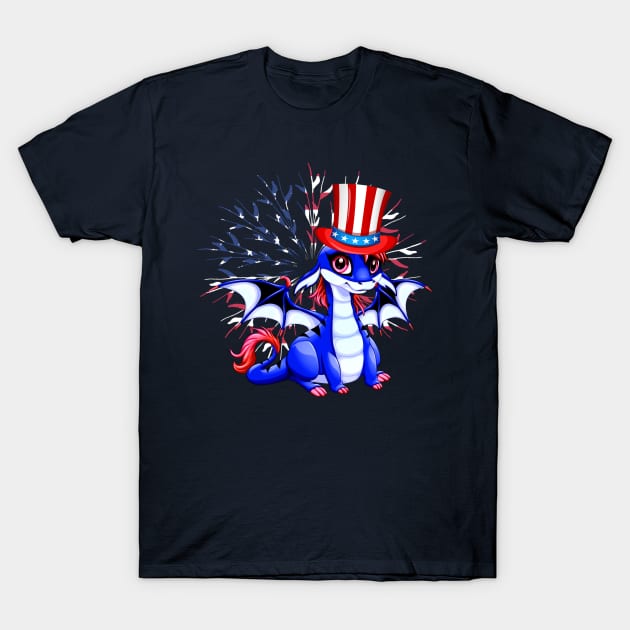 Cute Anime Dragon July 4th Independence Day Fireworks Baby Dragon T-Shirt by AmbersDesignsCo